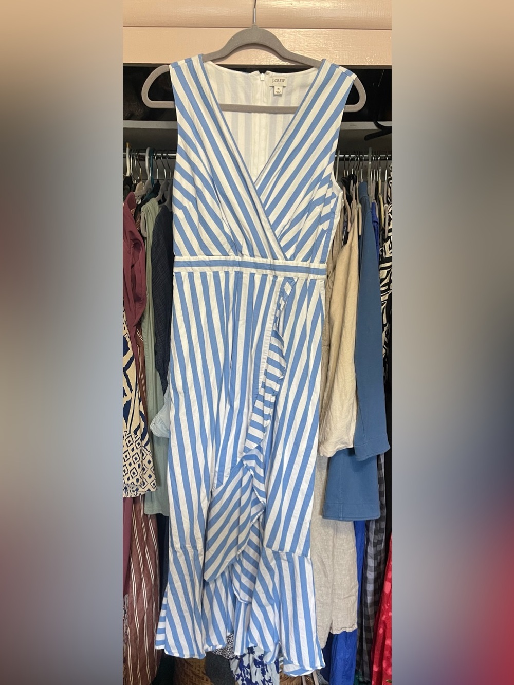Light Blue and White Striped Sleeveless Faux Wrap Dress